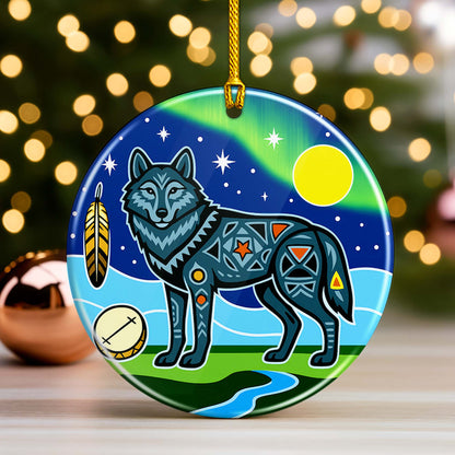 Tribal Wolf Ceramic Ornament - Indigenous Inspired for Holiday Decor