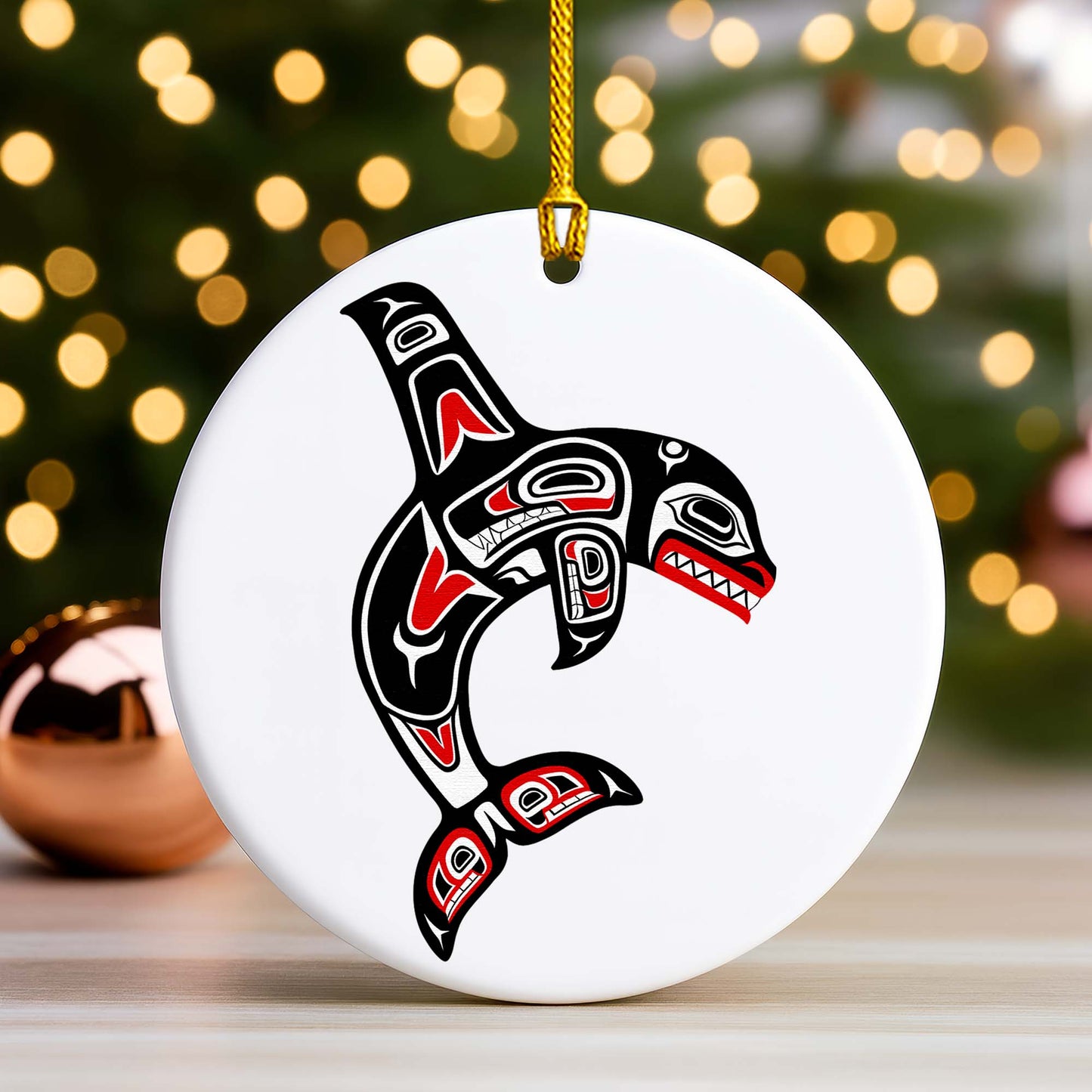 Tribal Orca Whale Ceramic Ornament - Unique Native Art for Holiday Decor