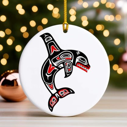 Tribal Orca Whale Ceramic Ornament - Unique Native Art for Holiday Decor