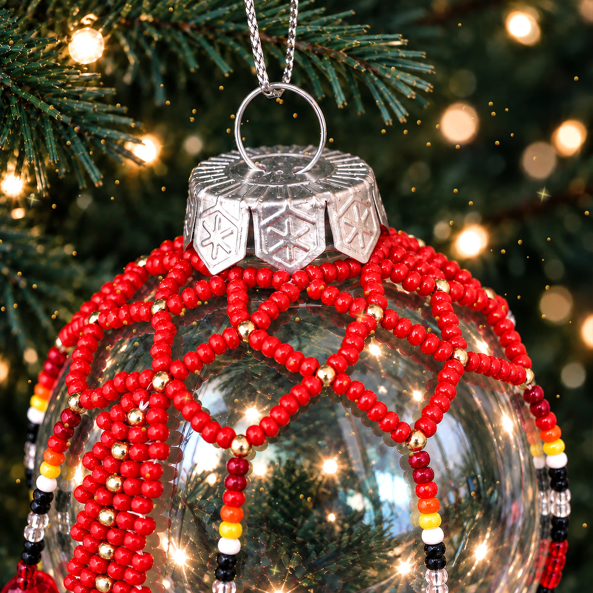 Red Beaded Christmas Ornament, Native-Inspired Holiday Decor