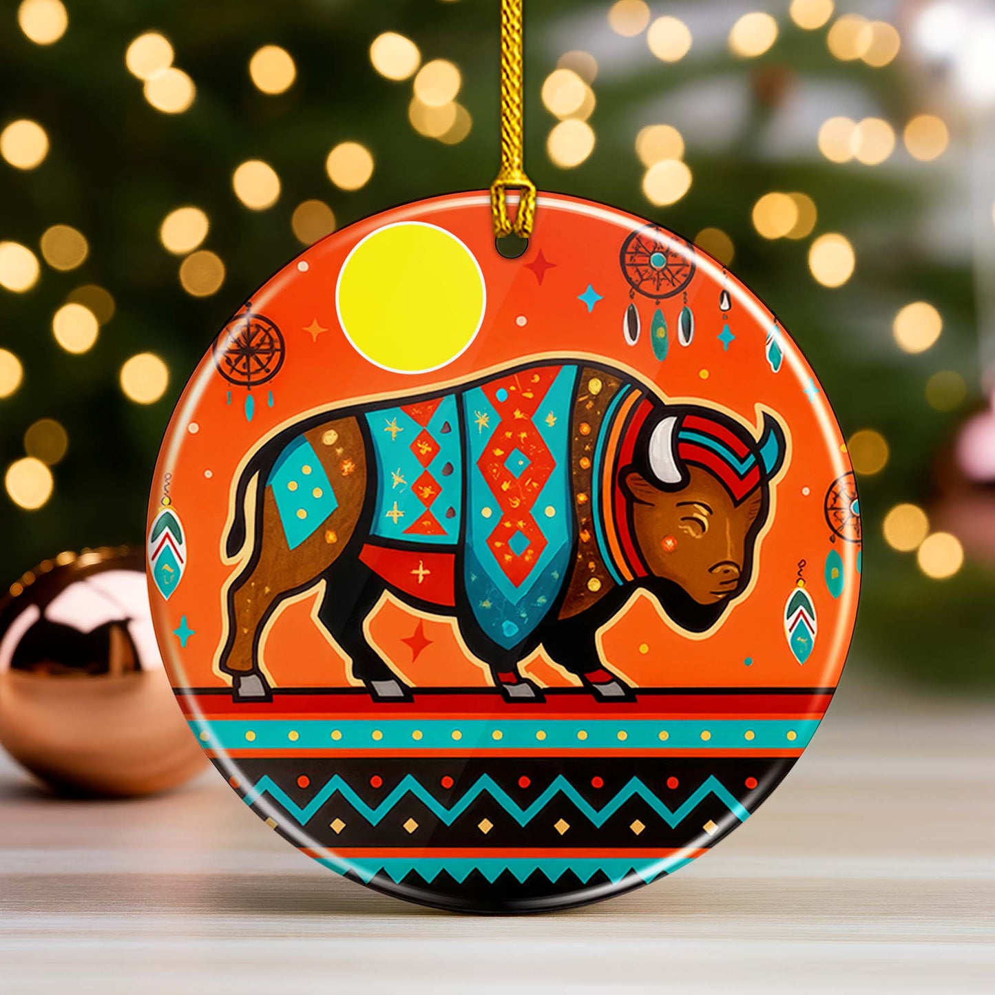 Tribal Bison Ceramic Ornament - Indigenous Inspired for Holiday Decor