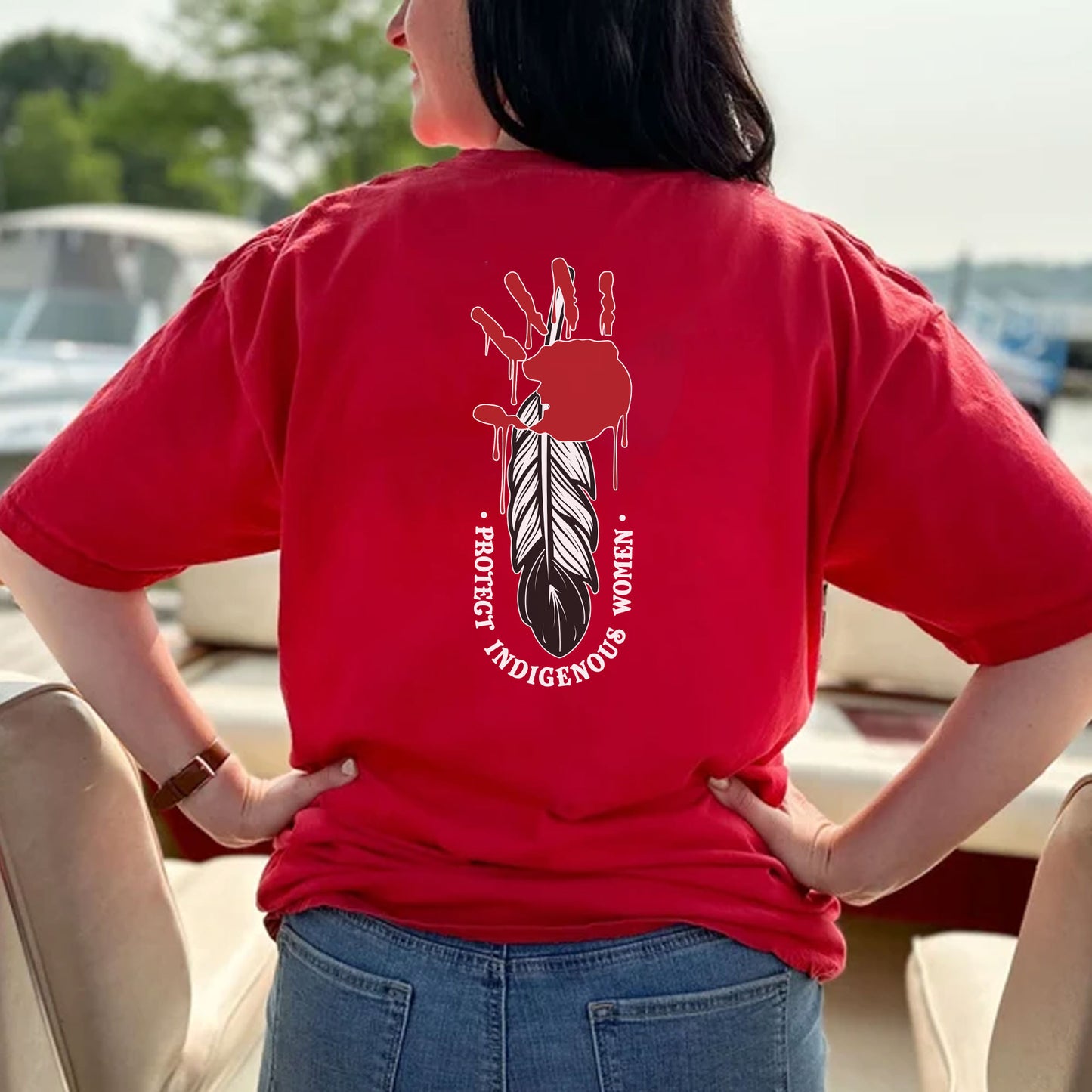 Protect Indigenous Women Red Hand Feather - Two Sides - MMIW Unisex T-Shirt/Hoodie/V-Neck/Sweatshirt
