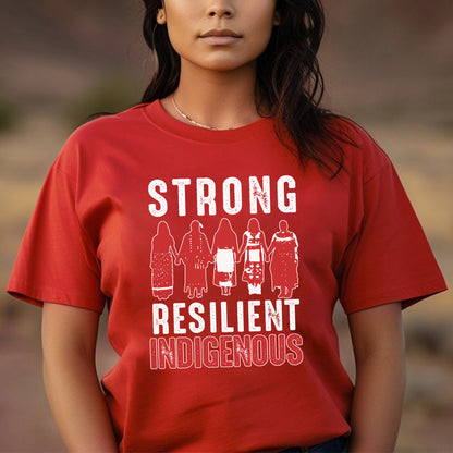 a woman wearing a red shirt that says strong resilint indigenouss