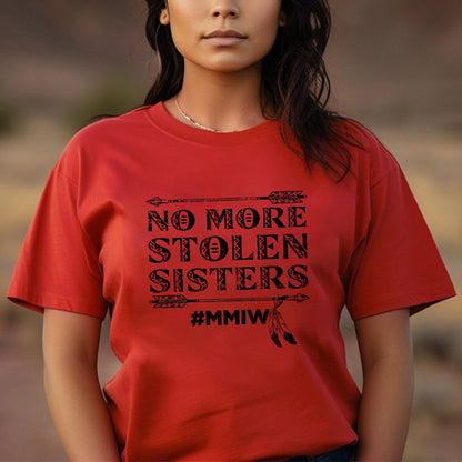 a woman wearing a red t - shirt that says no more stolen sisters mmw