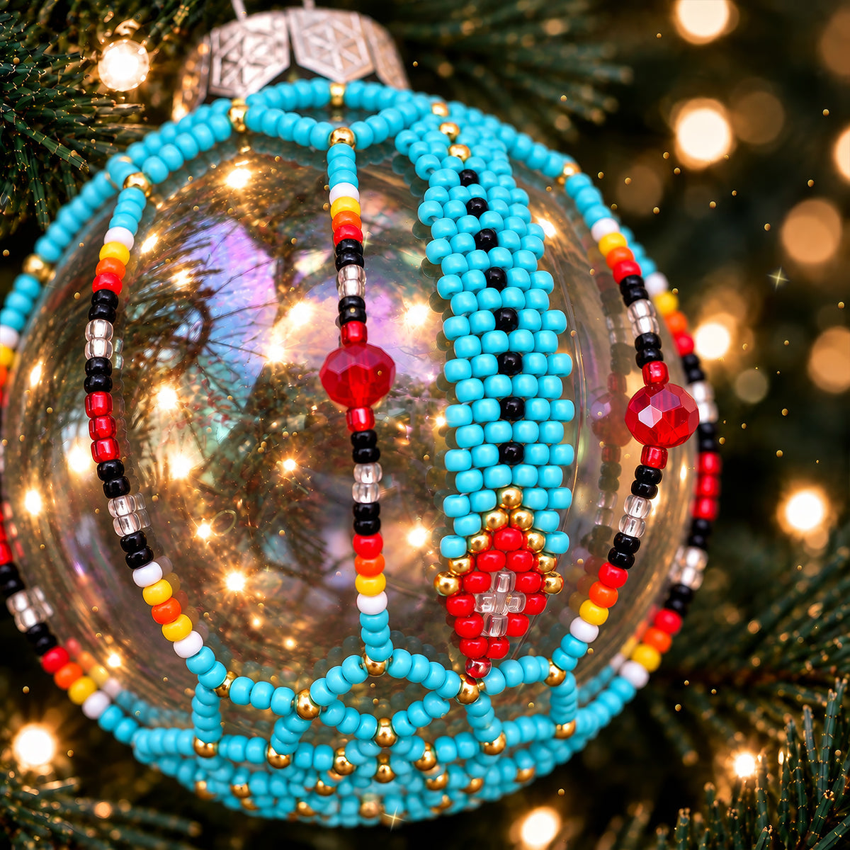 Red Beaded Christmas Ornament, Native-Inspired Holiday Decor