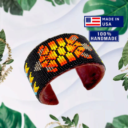 SALE 50% OFF - Black Fire Turtle Hard Cuff Wide Beaded Handmade Bracelet