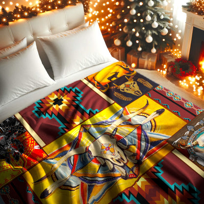 Native American Style Yellow Buffalo Symbols Soft and Warm Fleece Blanket