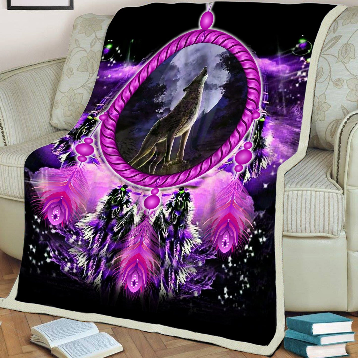 Native American Style Purple Wolf Dream Soft And Warm Fleece Blanket