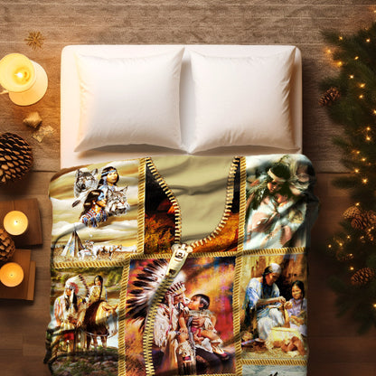 Native American Style Indigenous Family Soft and Warm Fleece Blanket