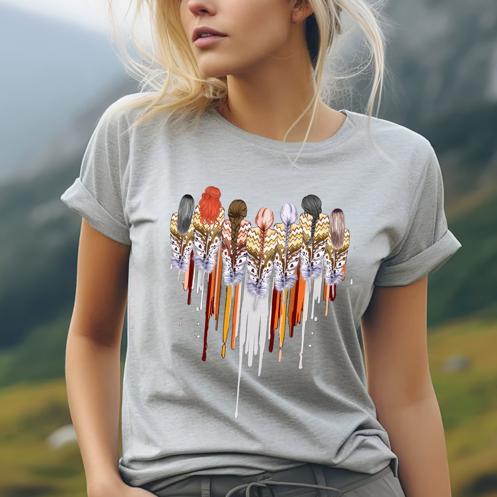 a woman wearing a t - shirt with a picture of a bird on it