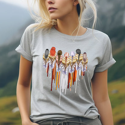 a woman wearing a t - shirt with a picture of a bird on it