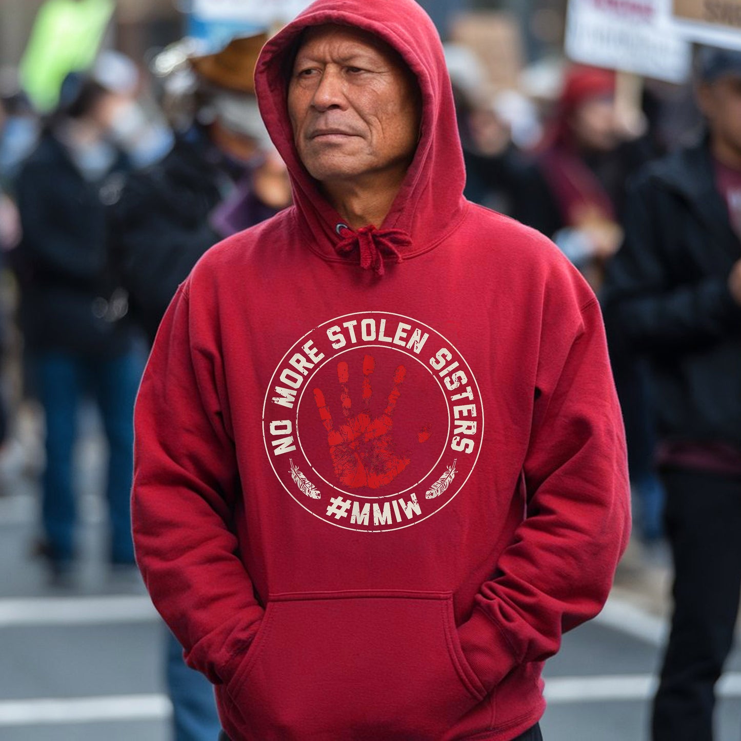 a man in a red hoodie standing in the street