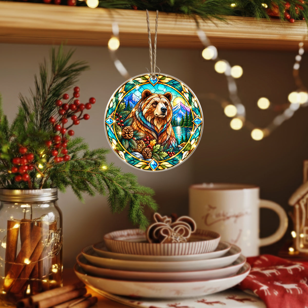 Bear Acrylic Ornament Stained Glass Style Christmas Decor