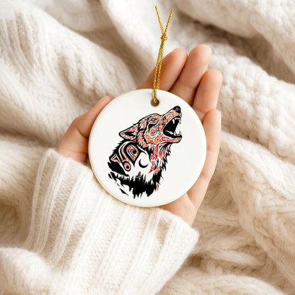 Native Wolf Ceramic Ornament - Indigenous Tribal Art for Holiday Decor