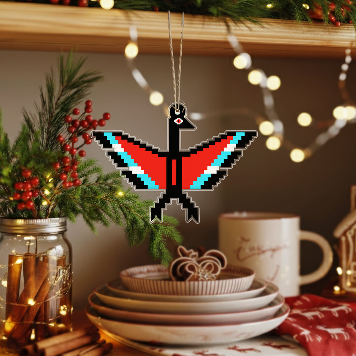 Red Turquoise Native Thunderbird Acrylic Christmas Ornament