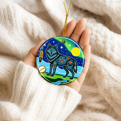 Tribal Wolf Ceramic Ornament - Indigenous Inspired for Holiday Decor
