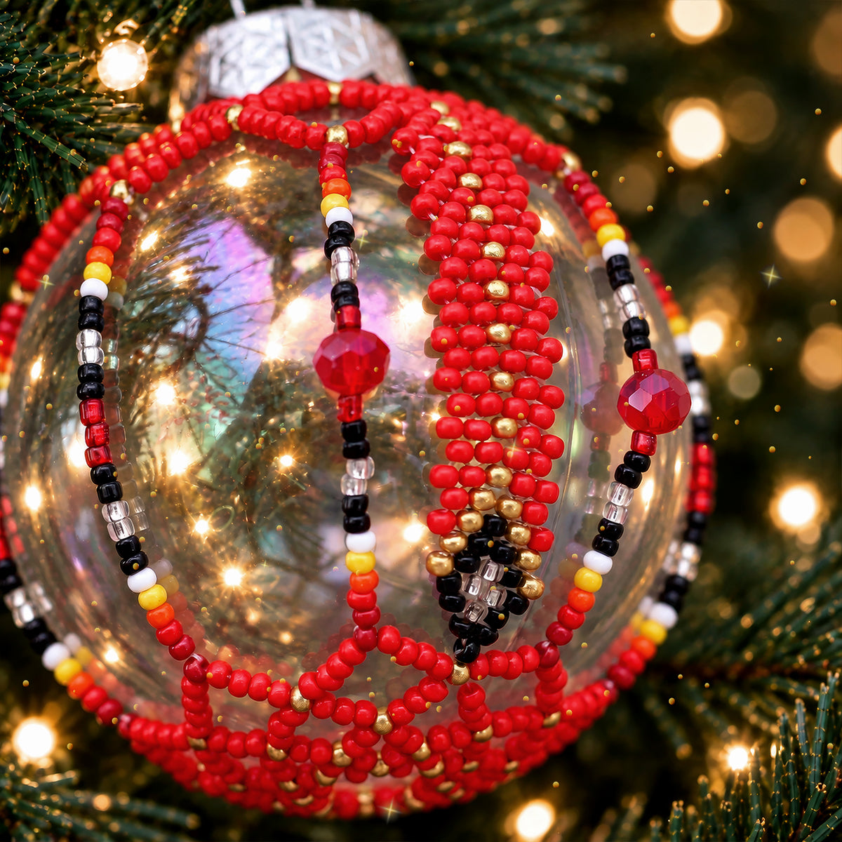 Red Beaded Christmas Ornament, Native-Inspired Holiday Decor