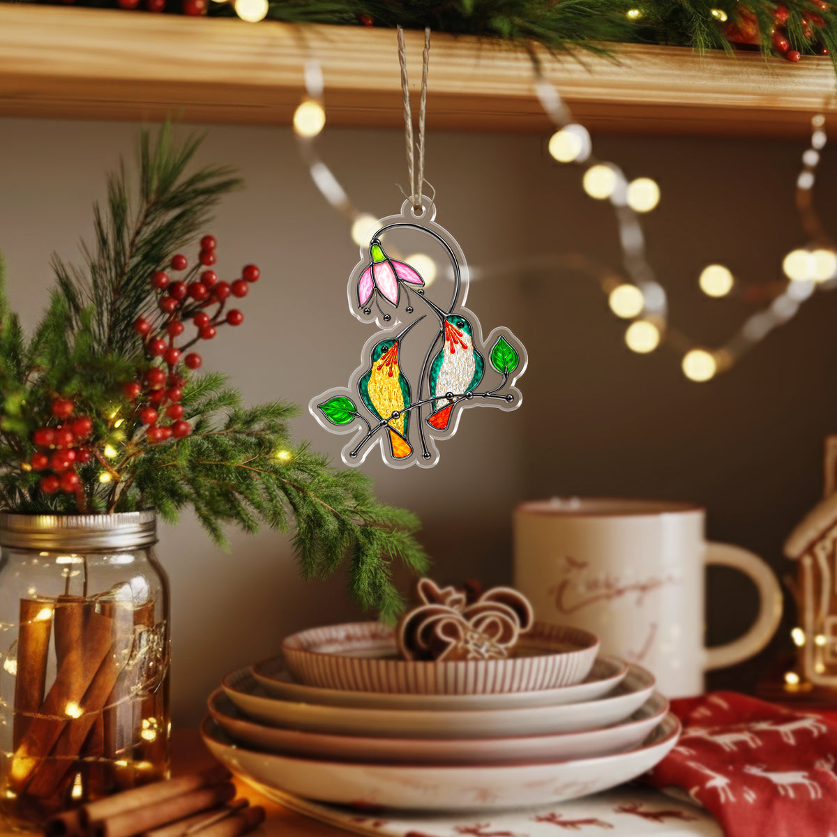 Hummingbird Acrylic Ornament, Stained Glass Christmas Decor