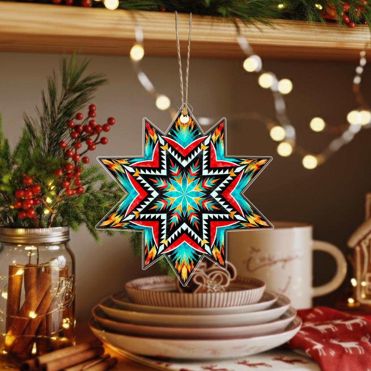 Turquoise Red Native Star Quilt Acrylic Christmas Ornament