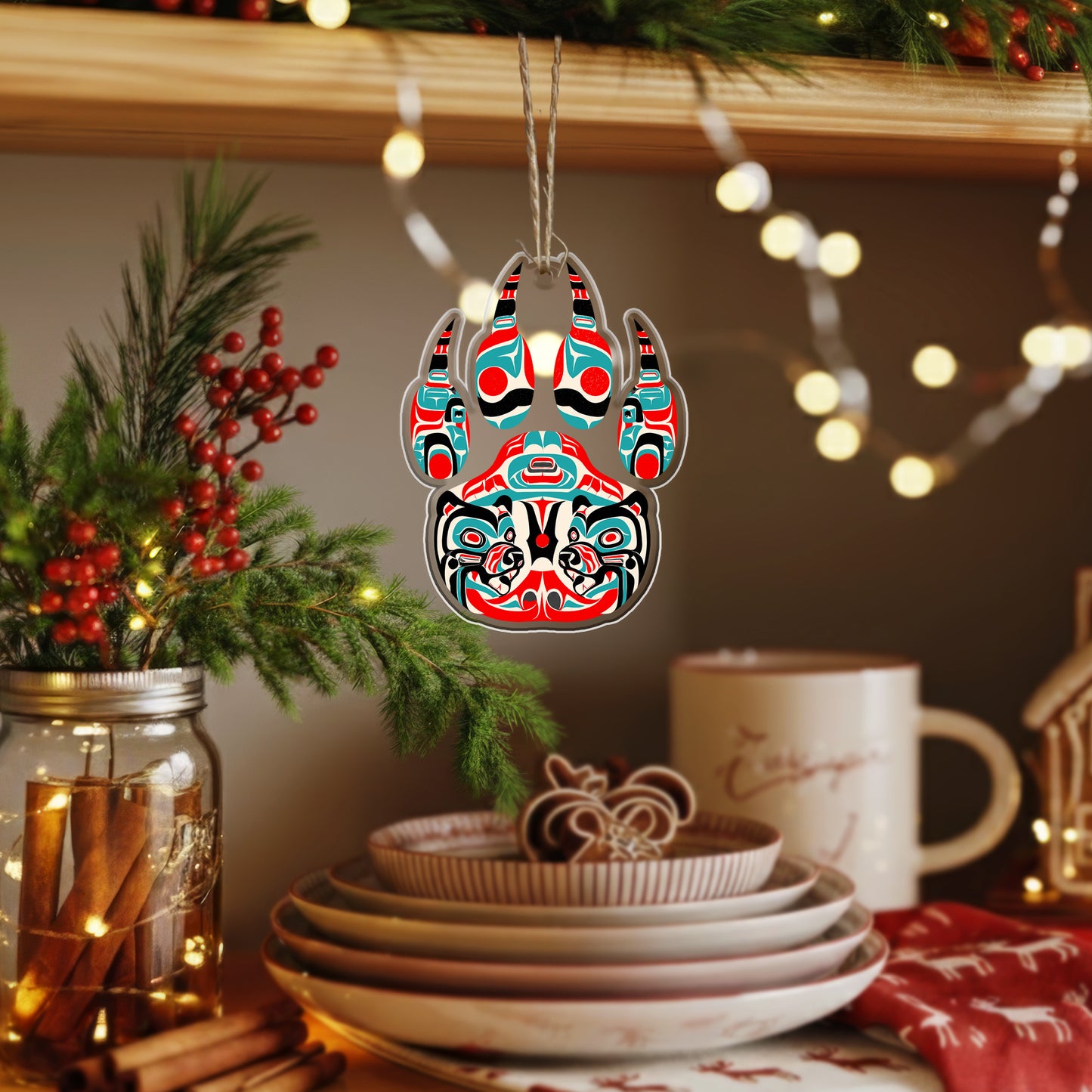 Bear Spirit Acrylic Ornament, Indigenous Inspired Animal Art Unique Holiday Decoration