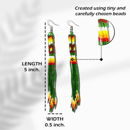 Green Extra Long Beaded Handmade Earrings For Women