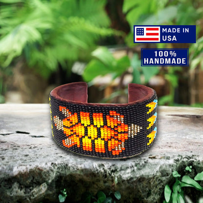 SALE 50% OFF - Black Fire Turtle Hard Cuff Wide Beaded Handmade Bracelet