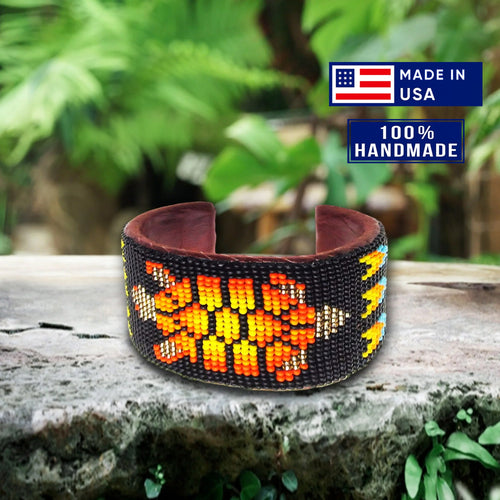 SALE 50% OFF - Black Fire Turtle Hard Cuff Wide Beaded Handmade Bracelet