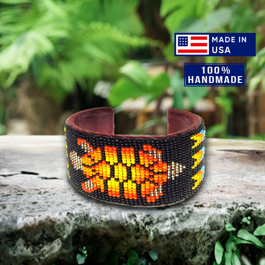 SALE 50% OFF - Black Fire Turtle Hard Cuff Wide Beaded Handmade Bracelet
