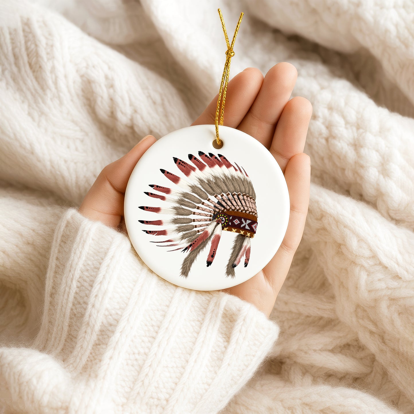 Native Chief Headdress Ceramic Ornament – Tribal Heritage Christmas Tree Decor