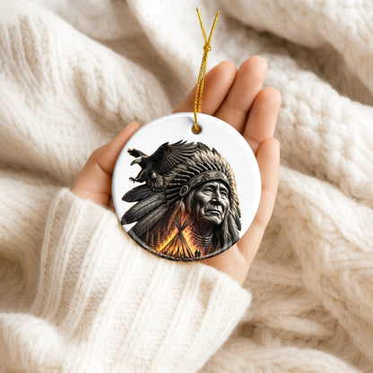 Native American Chief & Eagle Christmas Ornament – Indigenous Heritage Ceramic Hanging Decoration