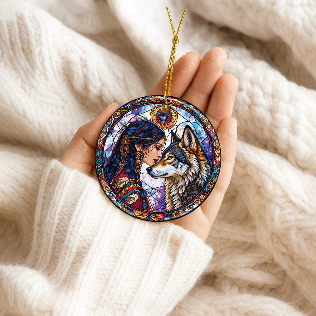 Wolf And Woman Stained Glass Ceramic Christmas Ornament Holiday Decor