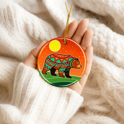 Tribal Bear Ceramic Ornament - Indigenous Inspired for Holiday Decor