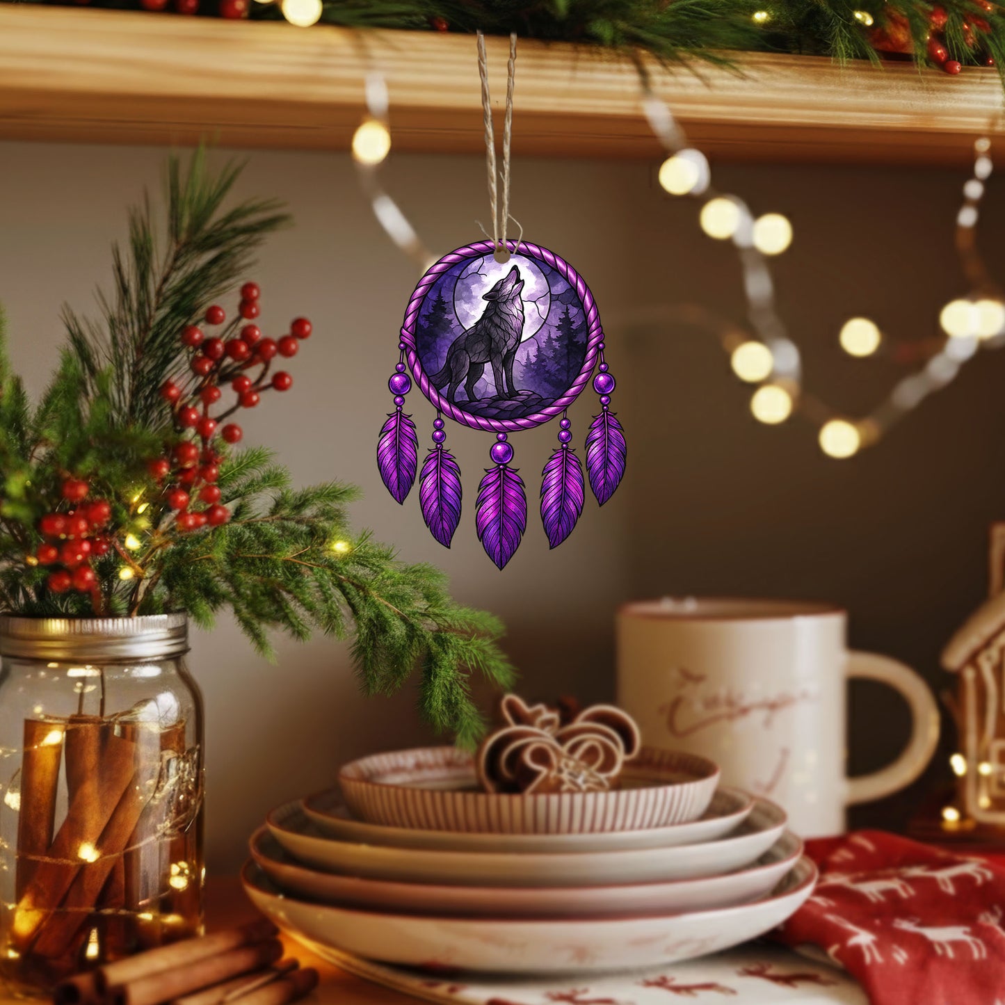 Wolf Dreamcatcher - Purple Moon Forest - Unique Christmas Gift Decor Flat Acrylic