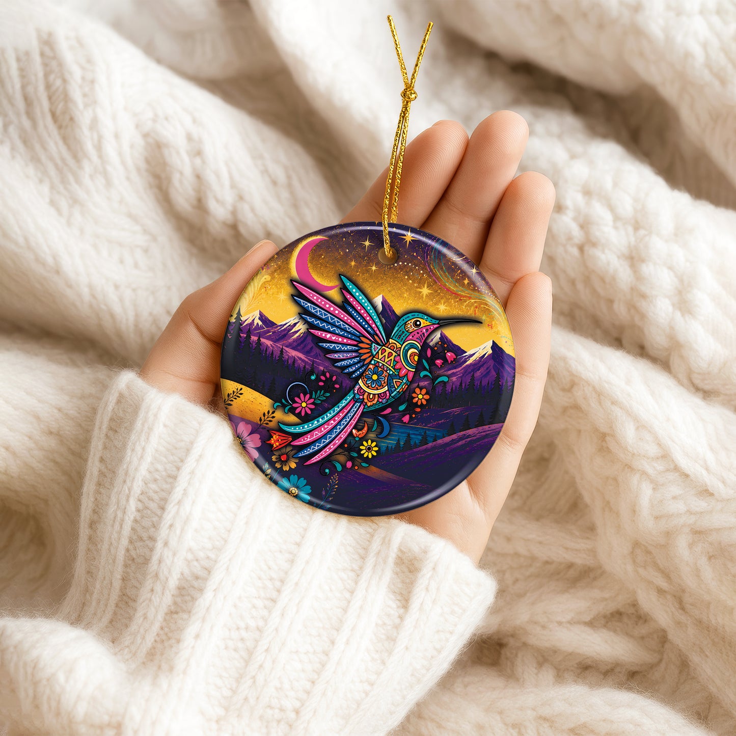 Native American Hummingbird Spirit Christmas Ornament – Indigenous Art Ceramic Hanging Decoration