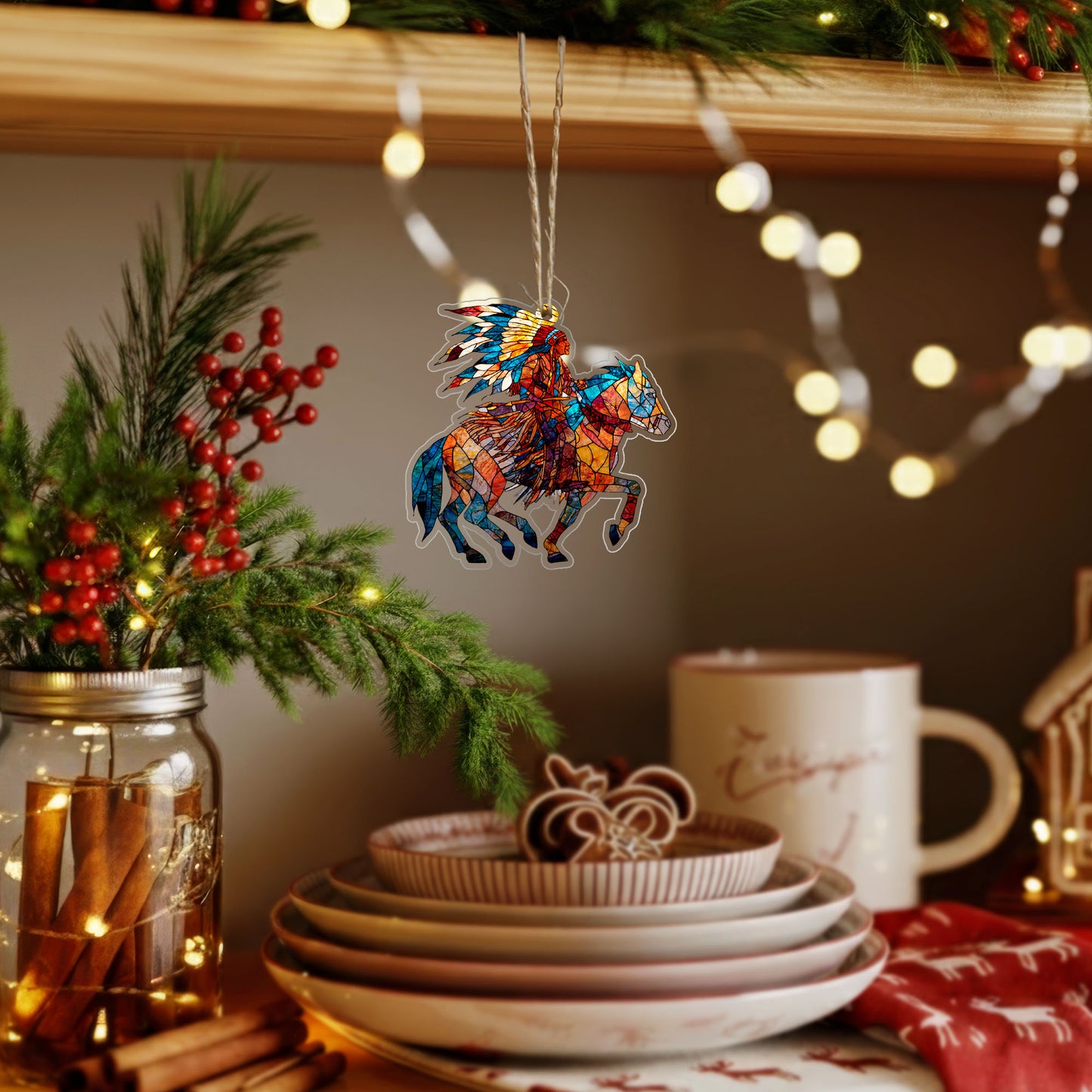 Native American Horse Rider Indigenous Warrior Christmas Tree Decor Flat Acrylic