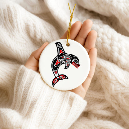 Tribal Orca Whale Ceramic Ornament - Unique Native Art for Holiday Decor