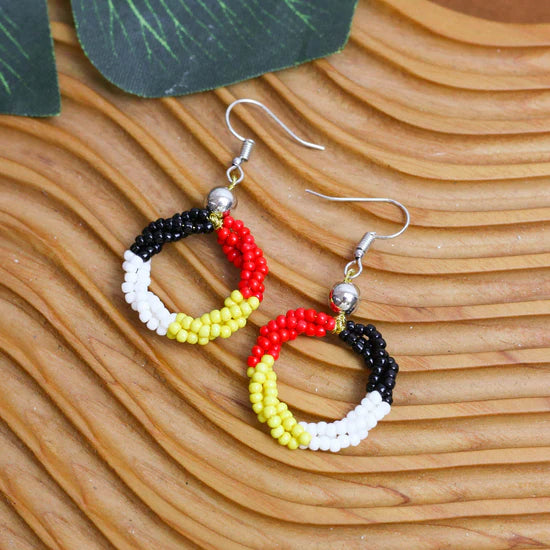 Beaded Circle Earrings – Red, Black, and Yellow