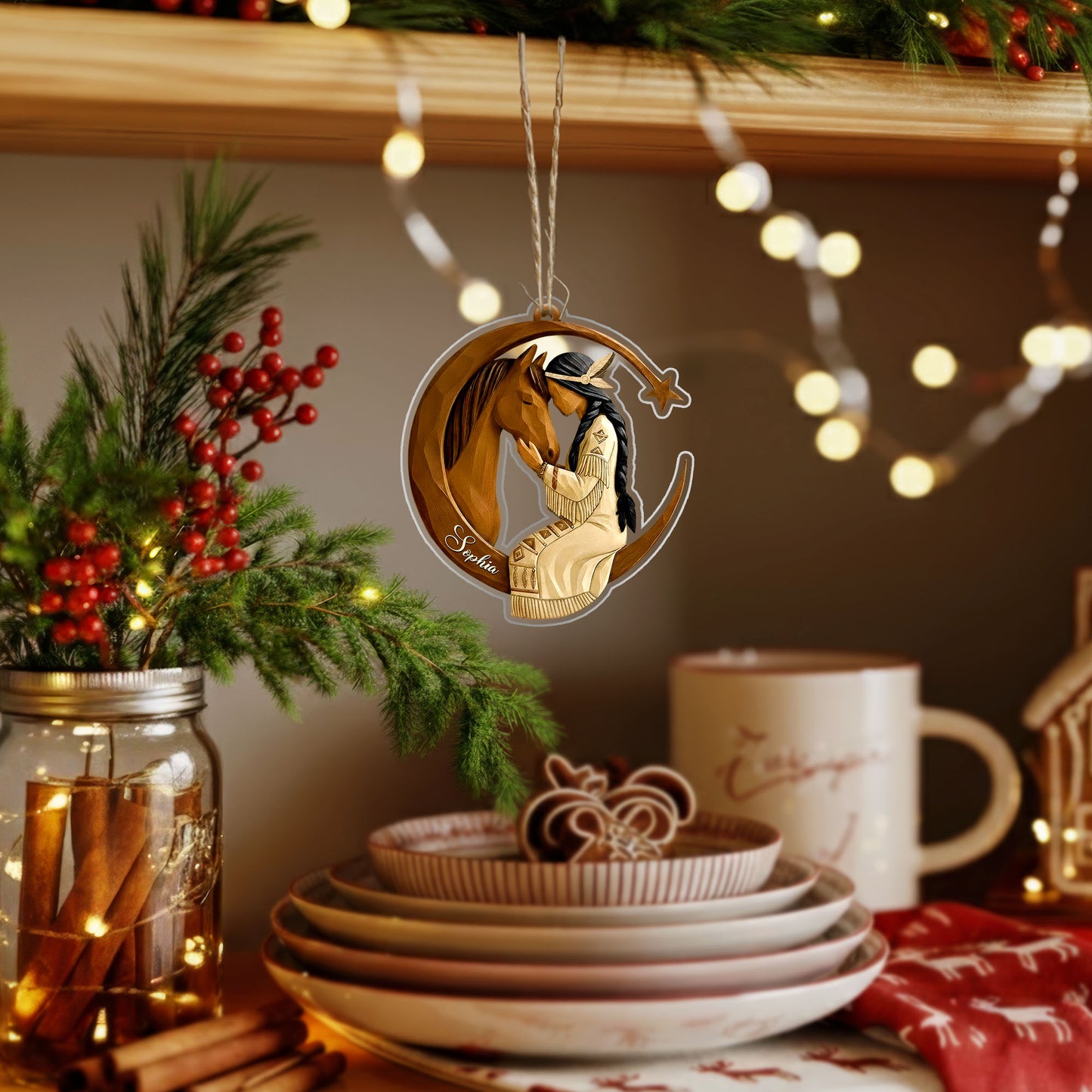 Native American Christmas - Horse and Maiden - Custom Name Design - Ornament Acrylic