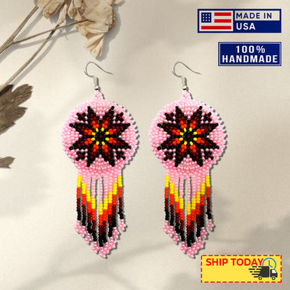 Pink Fire Color Round Beaded Handmade Earrings For Women