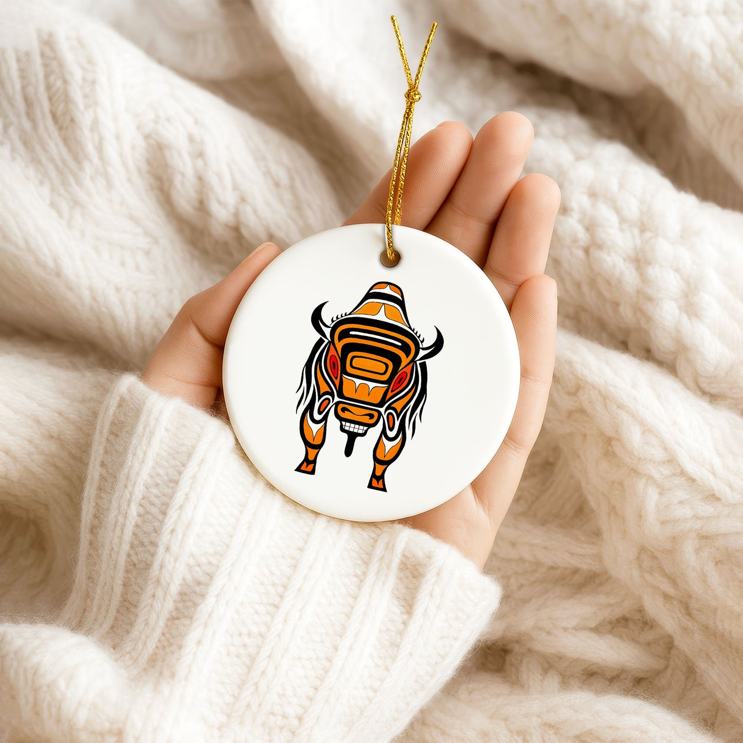 Native Bison Spirit Ceramic Ornament - Indigenous Tribal Art for Holiday Decor