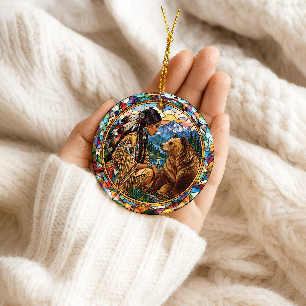 Bear And Woman Stained Glass Ceramic Christmas Ornament Holiday Decor