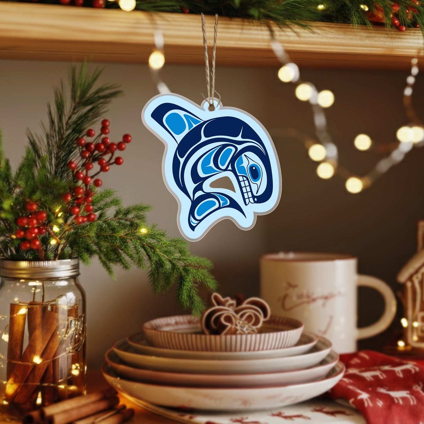 Orca Acrylic Ornament, Indigenous Inspired Ocean Art Whale Spirit Gift Home Decor