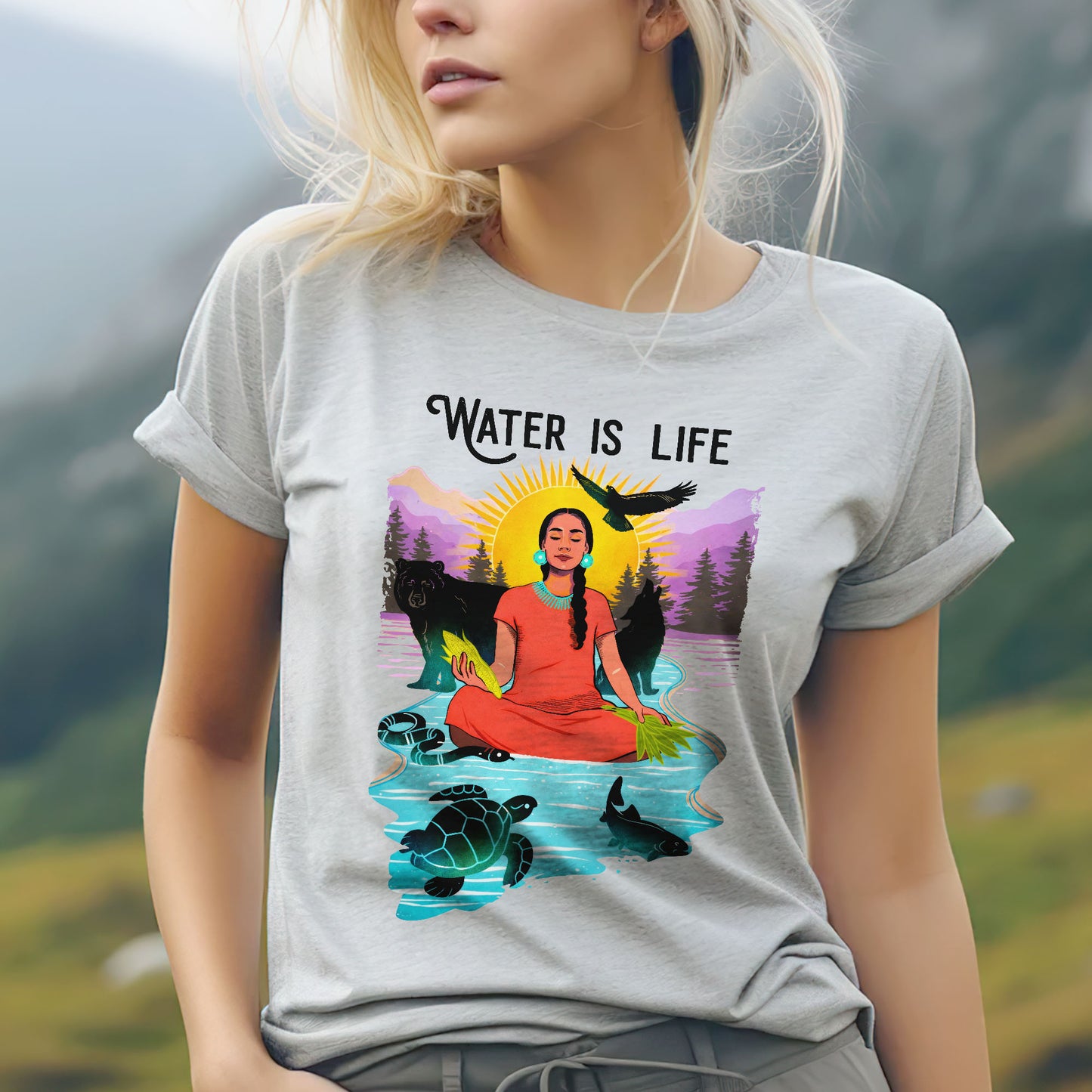 Water is Life Native American Woman - Unisex T-shirt/V-neck T-shirt/Hoodie/Sweatshirt