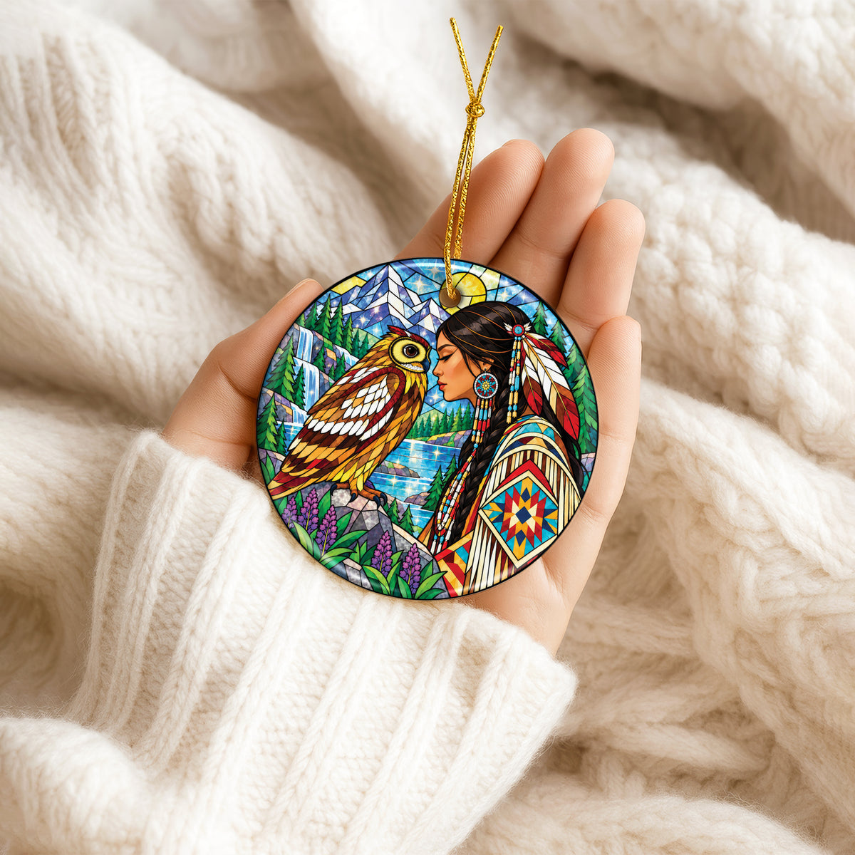 Owl And Woman Stained Glass Ceramic Christmas Ornament Holiday Decor