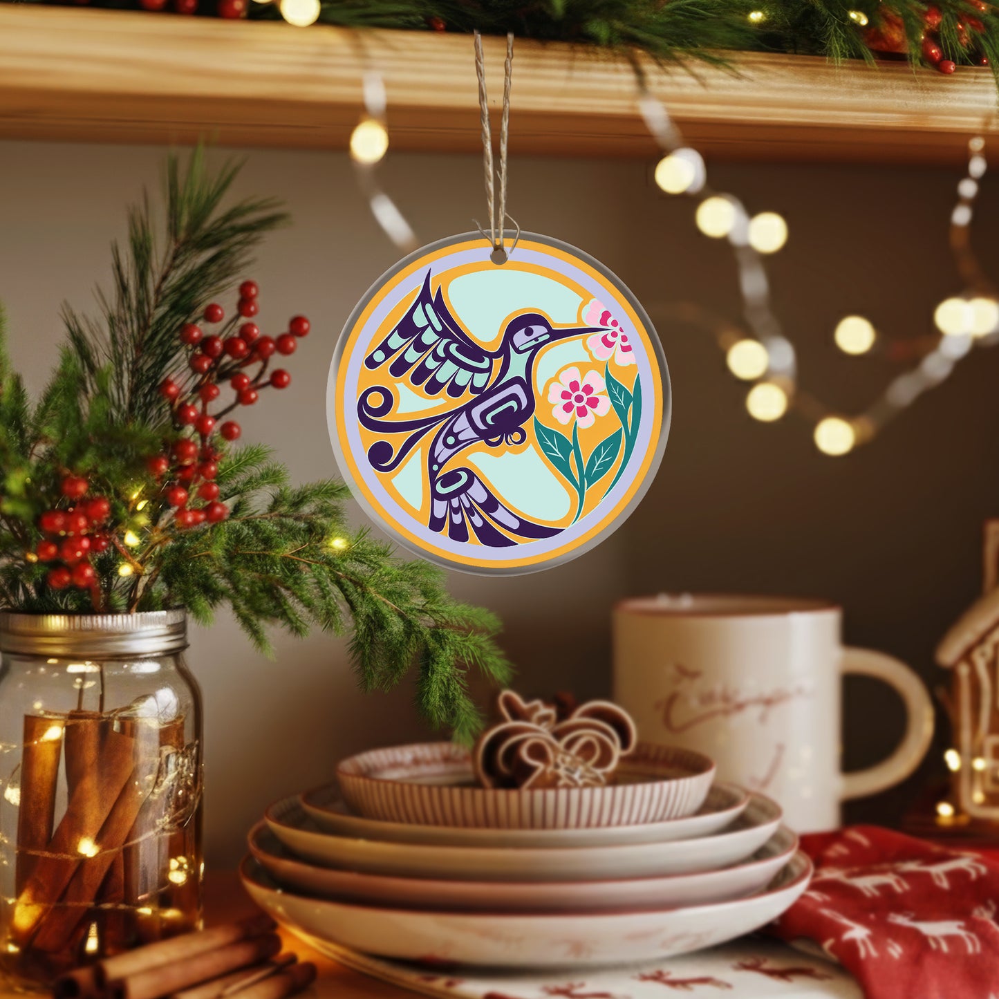 Hummingbird Spirit Acrylic Ornament, Indigenous Inspired Artwork Window Hanging Decor