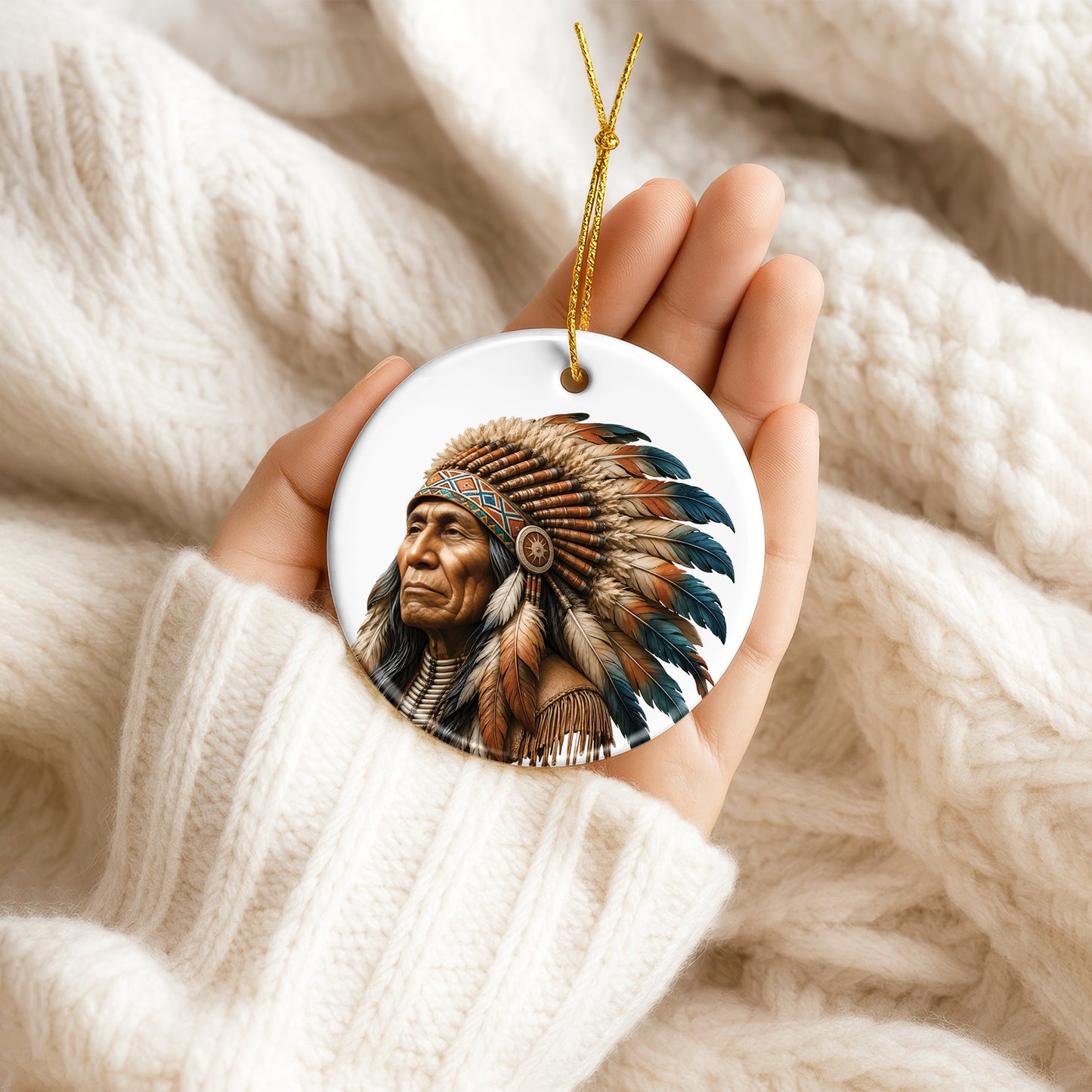 Native American Chief Portrait Christmas Ornament – Tribal Heritage Ceramic Holiday Tree Decoration