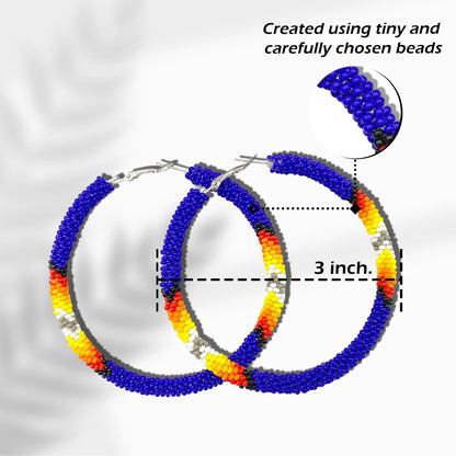 Handmade Deep Blue Pattern Hoop Beaded Earrings for Women
