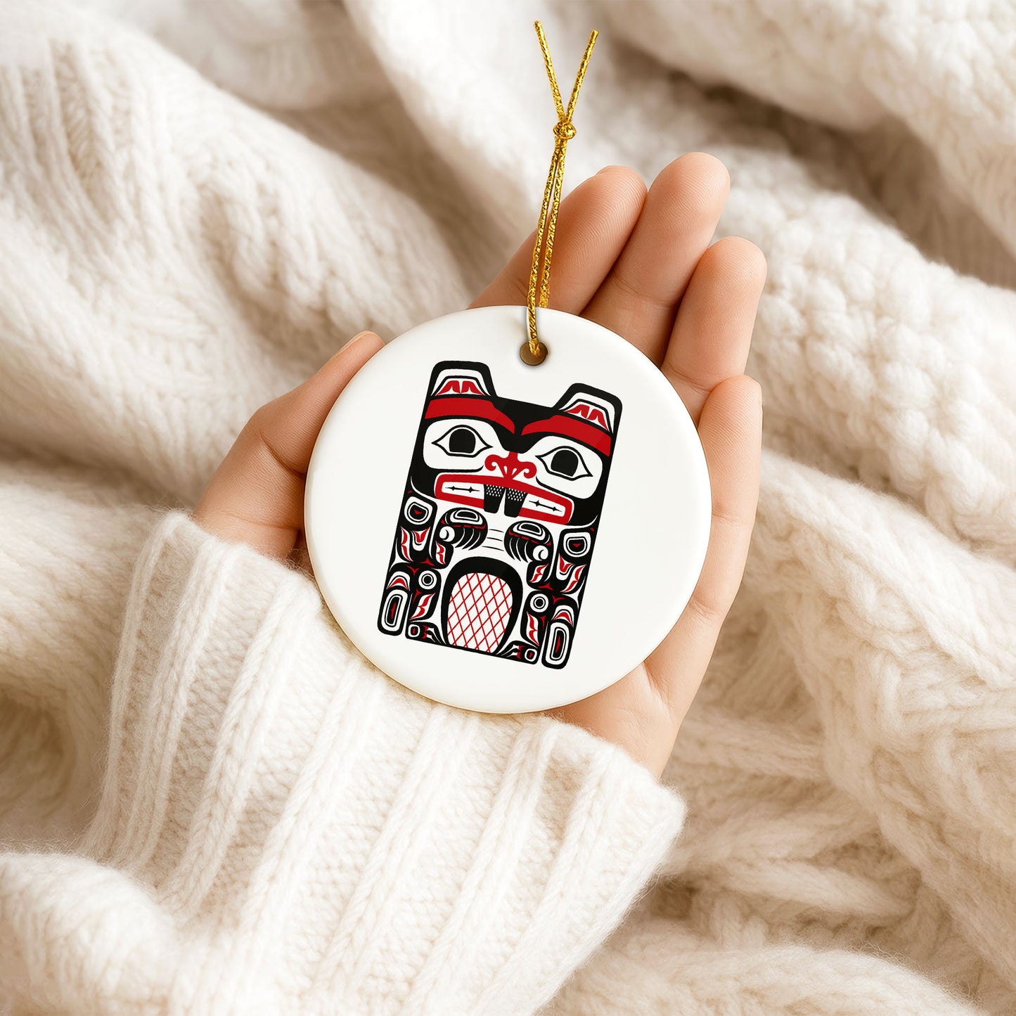 Native Beaver Spirit Ceramic Ornament - Indigenous Tribal Art for Holiday Decor