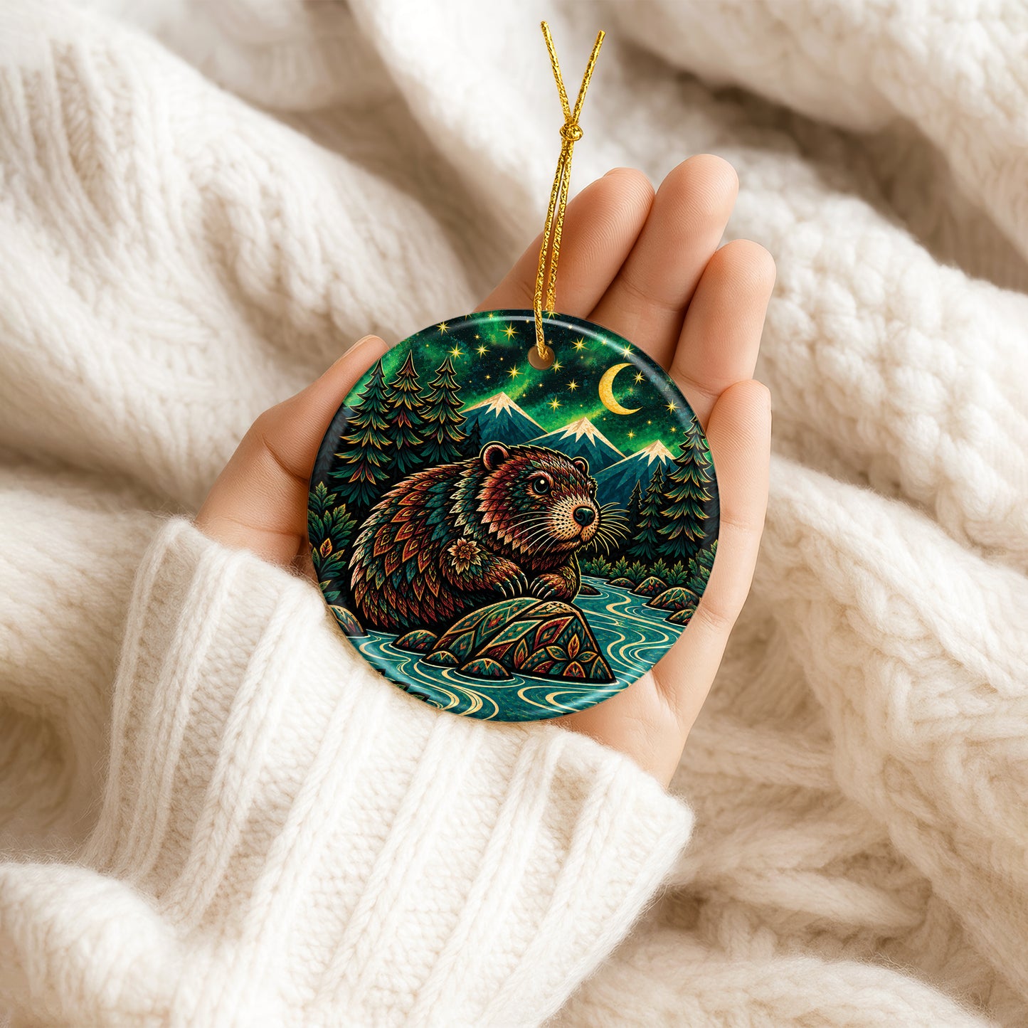 Native Inspired Beaver Ceramic Ornament, Indigenous Style Wildlife Holiday Decor