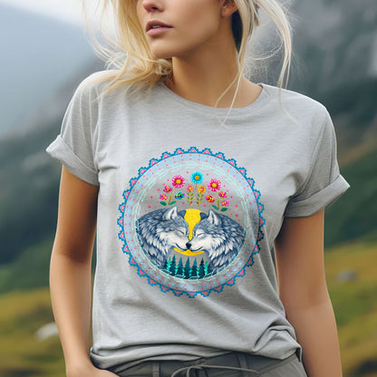 Two Wolves in Love Native Circle - Indigenous Art of Unity & Love Unisex T-shirt/T-shirt V-neck/Hoodie/Sweatshirt